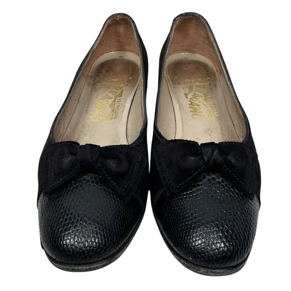 Salvatore Ferragamo Flats Women’s 6 B Black Pebbled Leather Nubuck Bow Shoes‎ - Picture 2 of 9